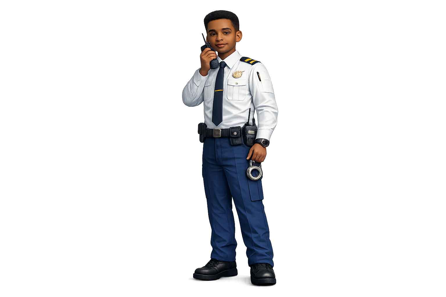 Cruise ship security officer in uniform carrying a radio during onboard duty
