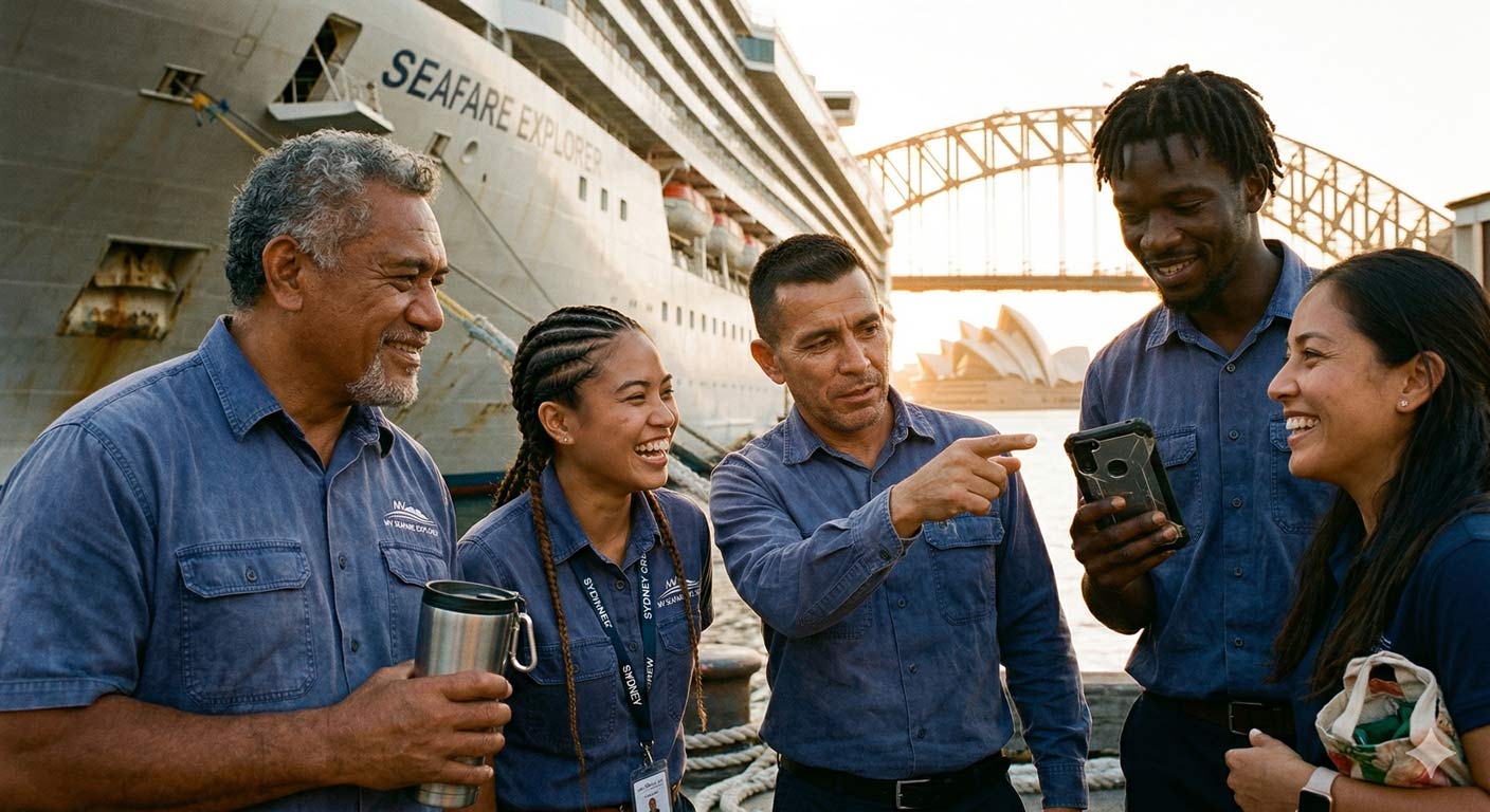 Cruise ship crew near a vessel preparing for international port travel