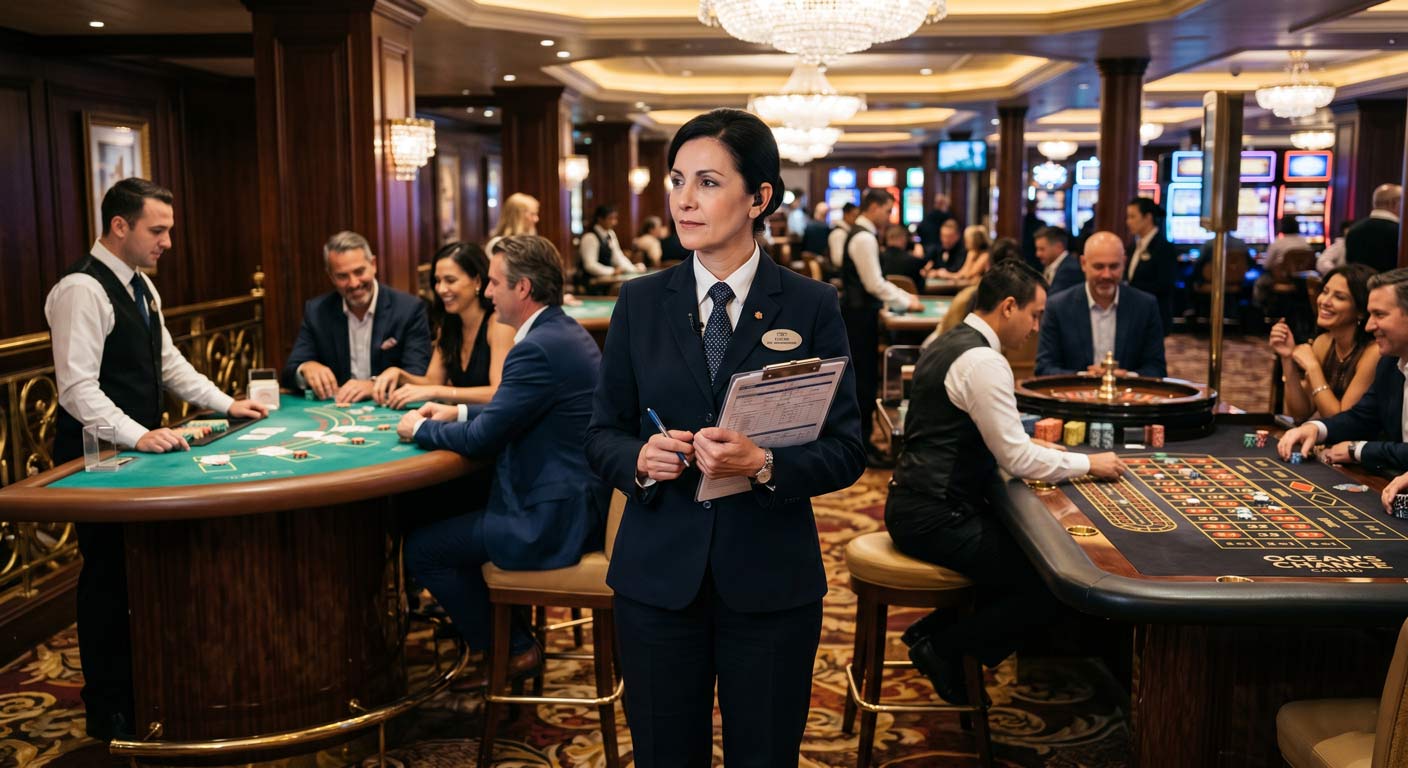 Cruise ship casino manager working onboard in a professional gaming environment