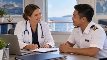 Cruise ship worker discussing maritime medical fitness and HIV care with a medical professional